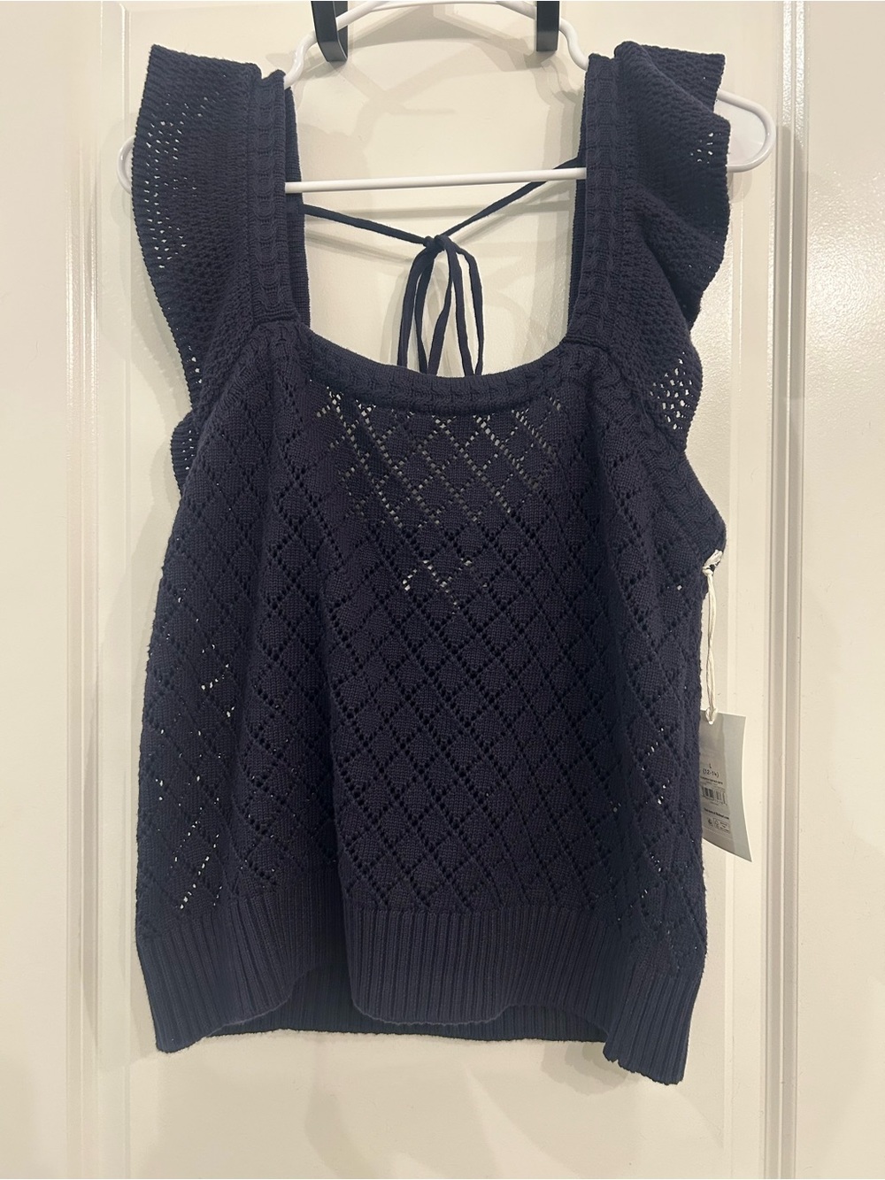 Openwork Navy Knit Ruffle Strap Tank - Picture 2 of 4